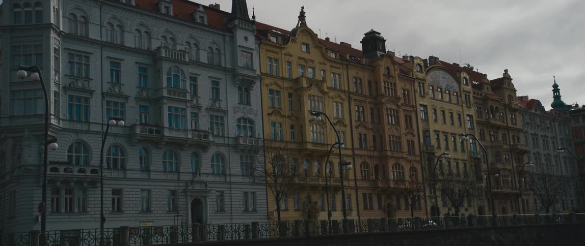 A row of Art Nouveau houses along the banks of the Vltava River, New Town, Prague, Czech Republic