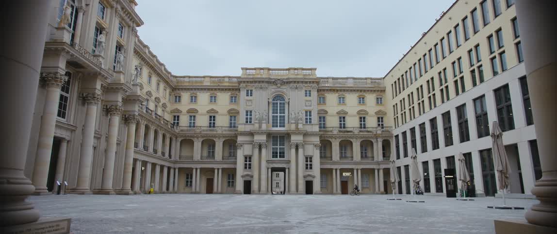 The ornate entrance and courtyard between two wings of the reconstructed Berlin Royal Palace and Humboldt Forum in Berlin, Germany
