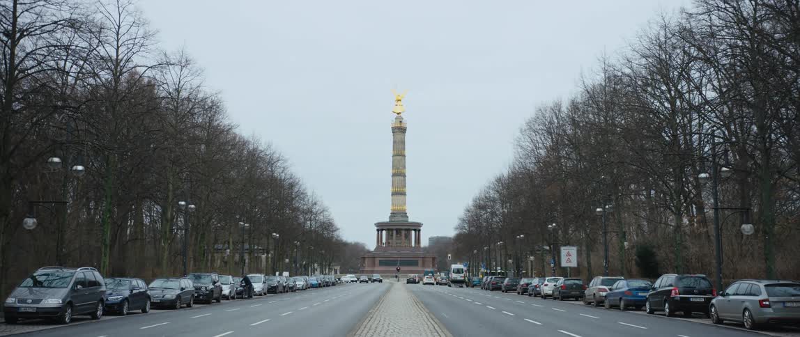 View from Strasse des 17. Juni of the Victory Column in Berlin, Germany with statue of Victoria goddess of victory at the peak.