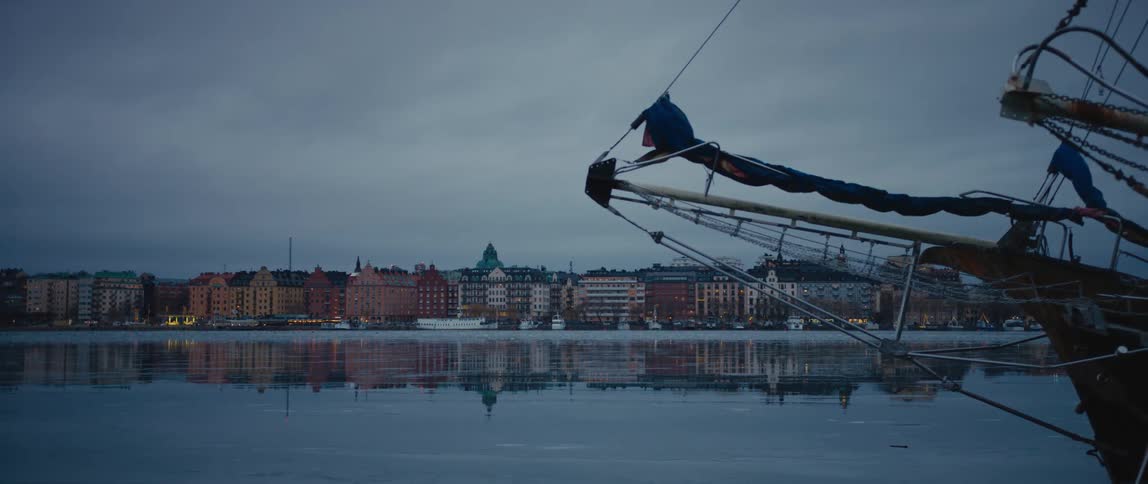 A view of a ship near a city