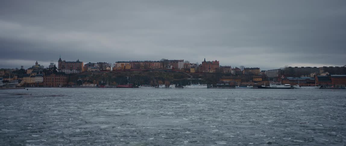 The water is frozen around the city