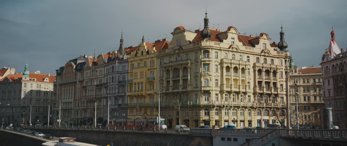 Beautiful buildings across from the Dancing House in Old Town Square along the Vltava River, in Prague, Czech Republic