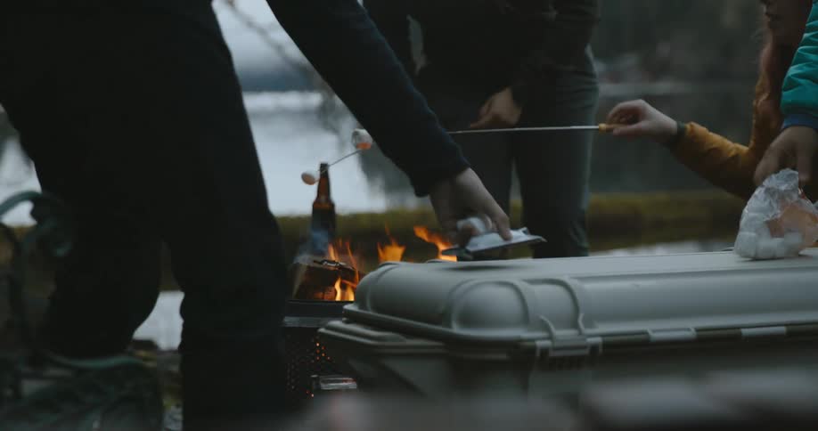 Friends roasting marshmallows over a campfire on a chilly day
