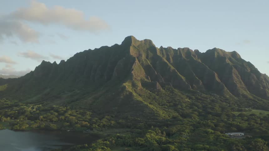Trees and plants along a mountain ridge near a lake and a few clouds in the sky