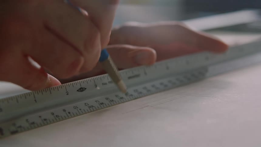 A person uses a ruler to make straight lines on a large sheet of paper