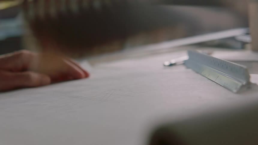 A man in an office sweeps a piece of paper with a brush