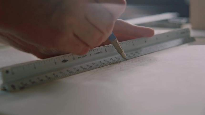 A person puts marks on the wood with a ruler