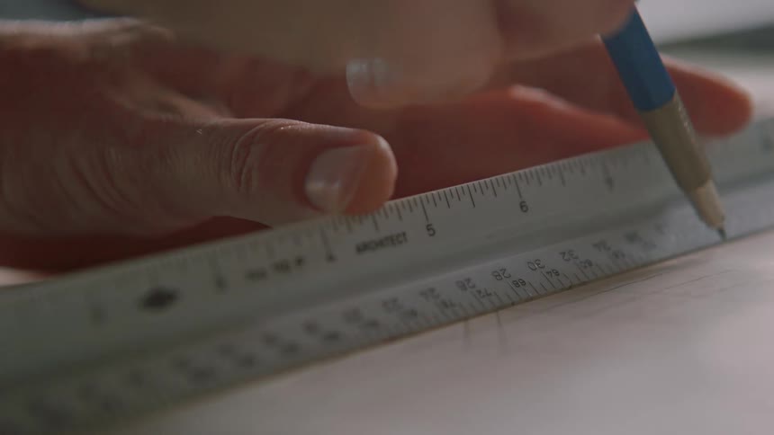 A man in an office uses a ruler to draw a line and mark on a paper