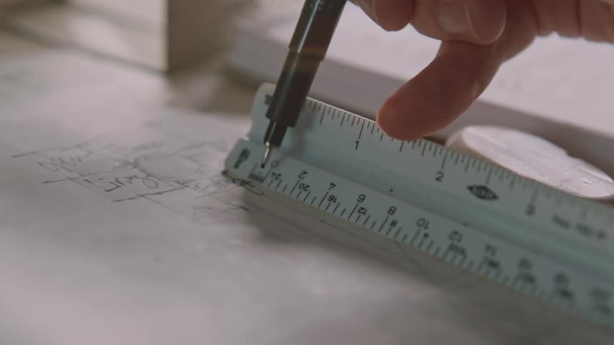 A man in an office draws a line with a ruler on paper