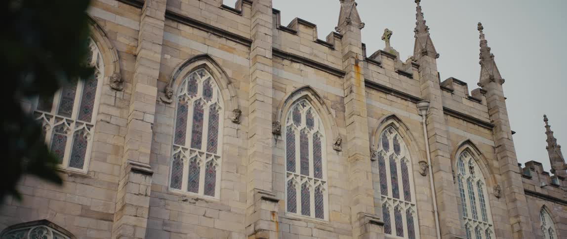 The beautiful architectural spires, arched windows, and gothic facade of The Chapel Royal in Dublin Castle, Ireland