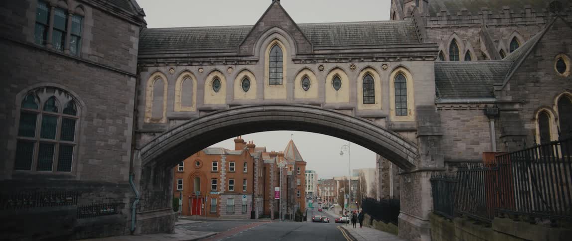 The fully integrated stone footbridge connecting the west end of Christ Church Cathedral to the former synod hall, in Dublin, Ireland.