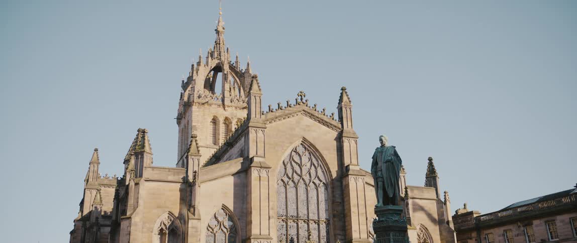 St. Giles Cathedral in Edinburgh, Scotland with the statue of Walter Scott in the foreground