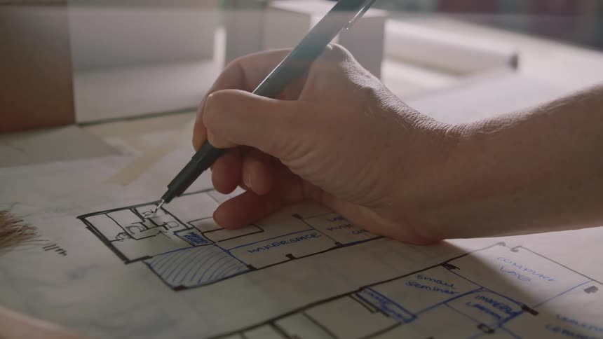 Someone is holding a pen in their right hand and drawing on paper