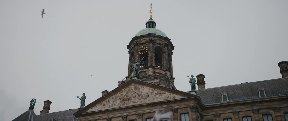 Birds fly around the clock tower of Amsterdam Royal Palace