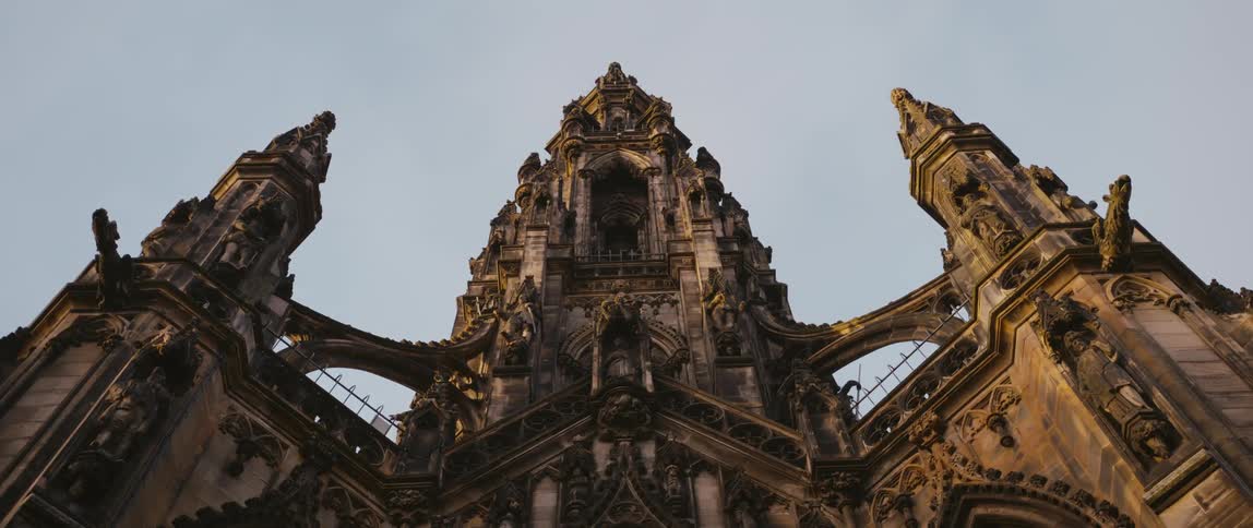 View up from the base of the Scott Monument in Edinburgh, Scotland, United Kingdom