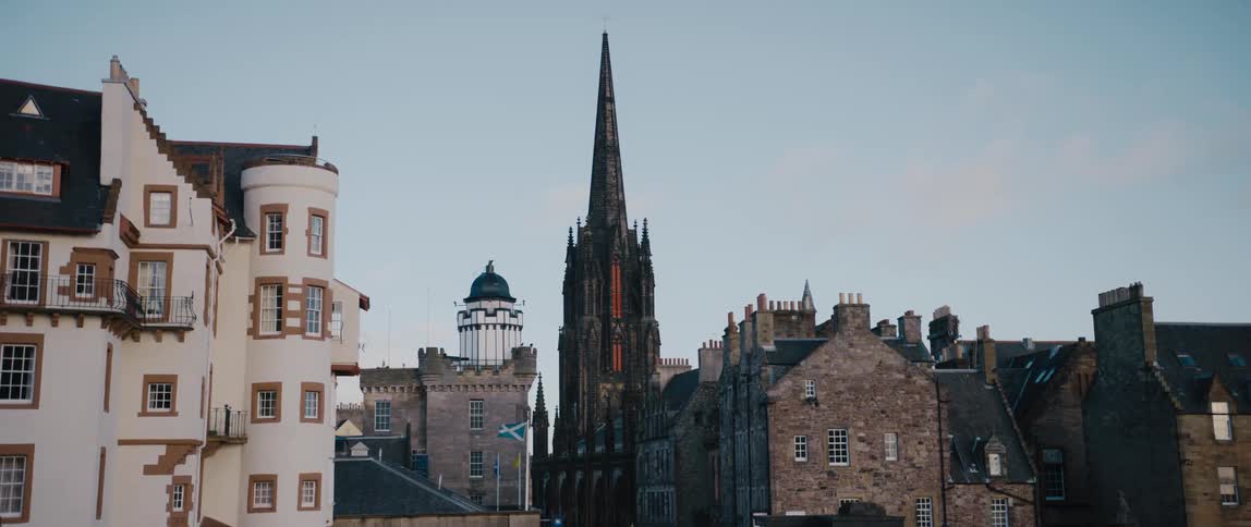 The Hub/Highland Church tower in the distance in Edinburgh, Scotland, United Kingdom