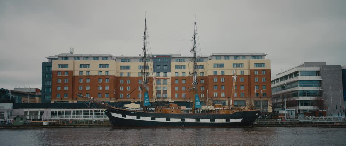 The Jeanie Johnston boat docked on the Liffey River in Dublin, Ireland - a living history museum around Irish emigration during the Great Famine