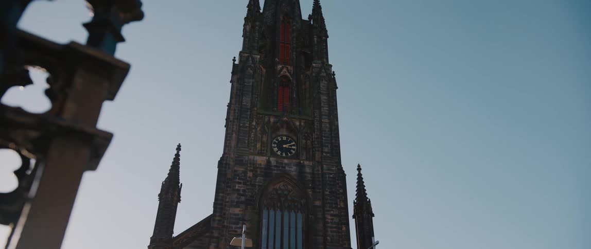 The Hub/Highland Church steeple against the blue sky in Edinburgh, Scotland, United Kingdom