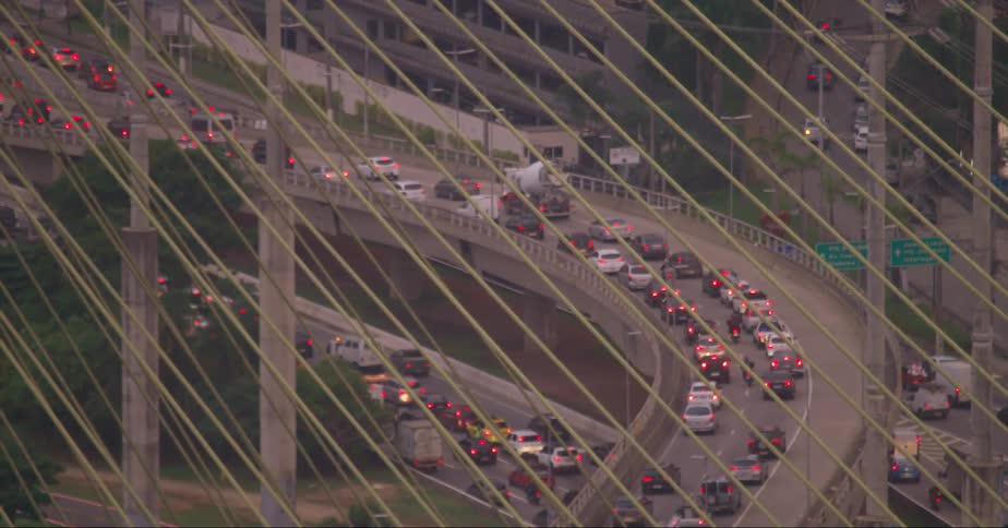 Cars stuck in a traffic jam on an urban overpass