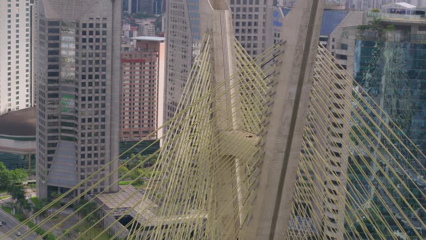 Landmark cable-stayed bridge is before the large city of Sao Paulo