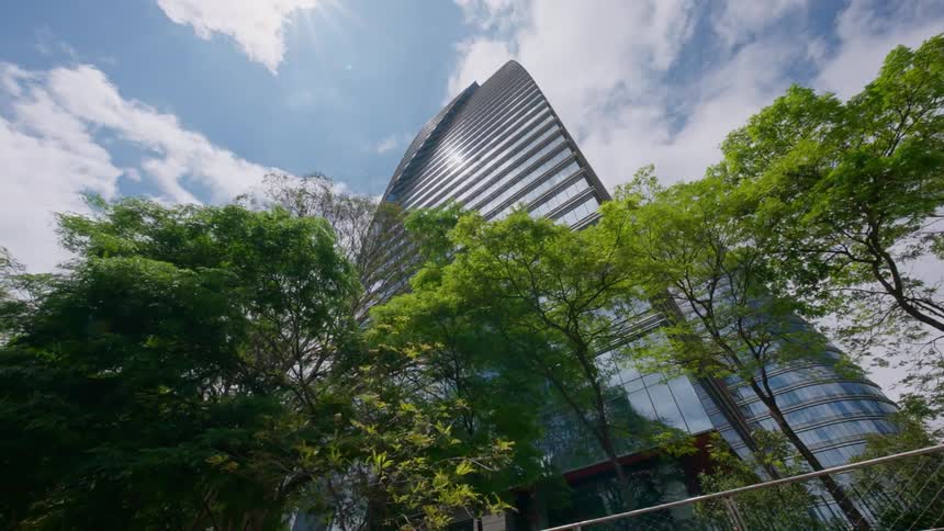 A city skyscraper with green trees below and blue sky above