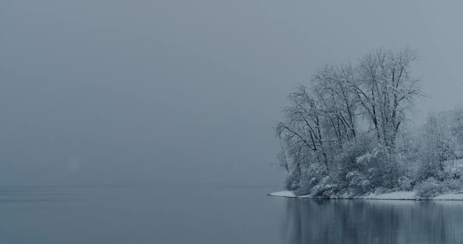 Snow falling on a lakefront on a cloudy winter day