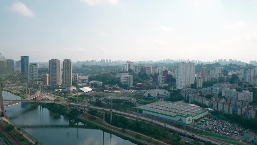An aerial view of tall skyscrapers in a large city