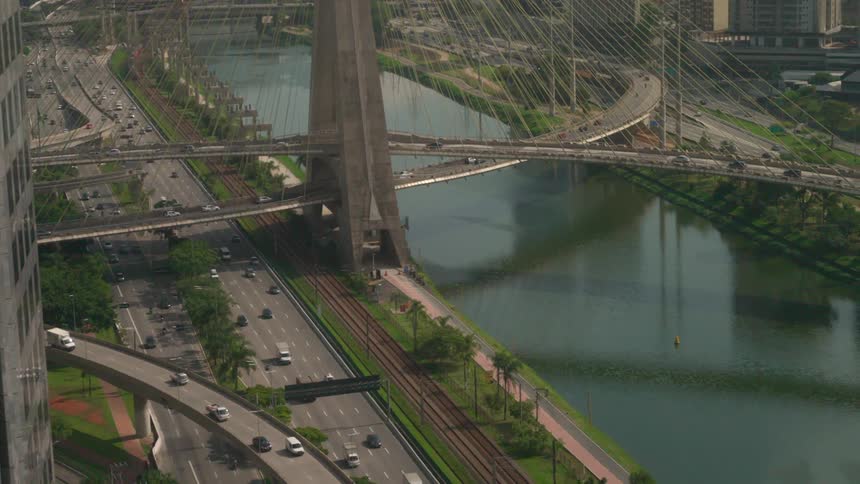A view of a city with a large bridge