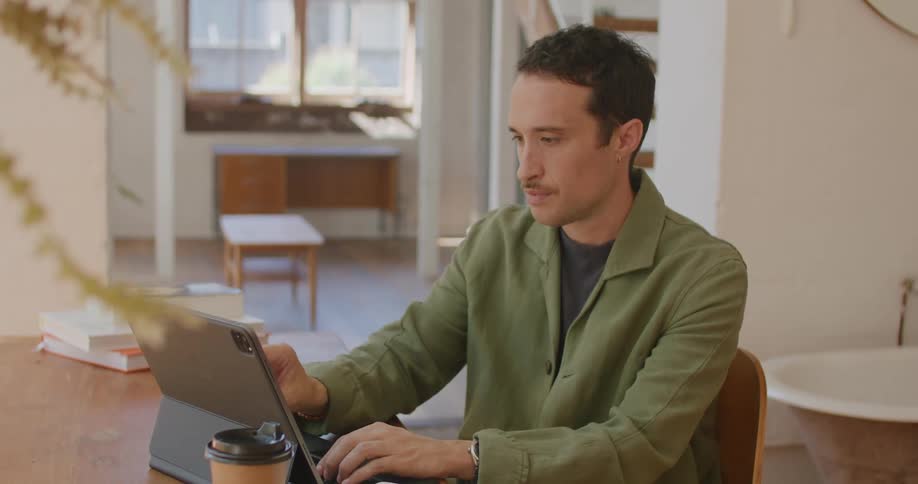 Man with moustache and green shirt sits at table and types on tablet keyboard