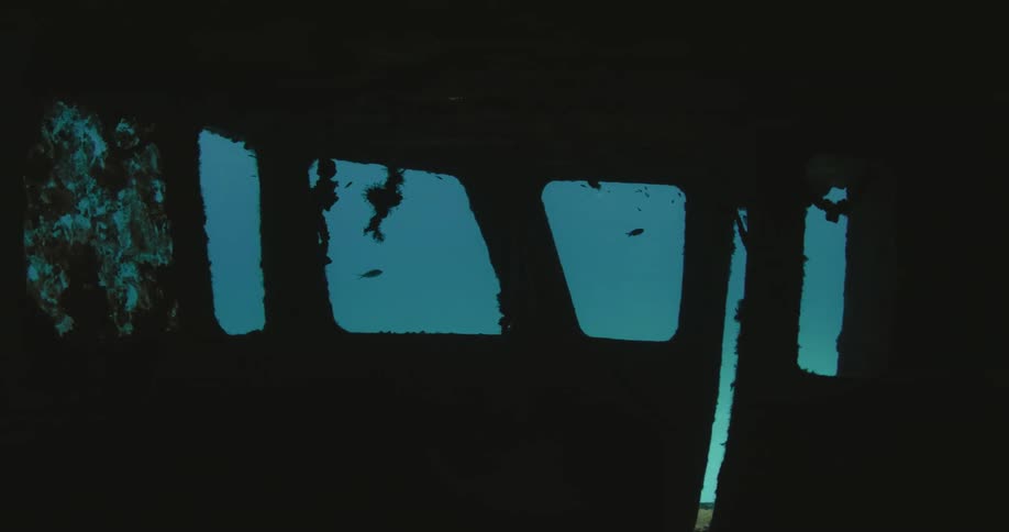 Under water footage of a ship wreck with fish swimming past