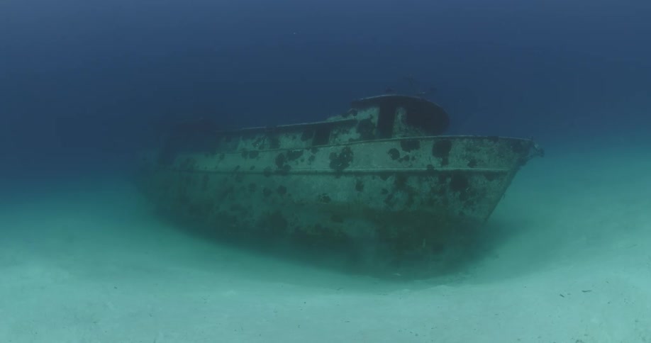 The wreckage of a sunken ship is lying on the seabed