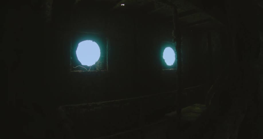 Inside a shipwreck with two portholes allowing in light from the ocean surface