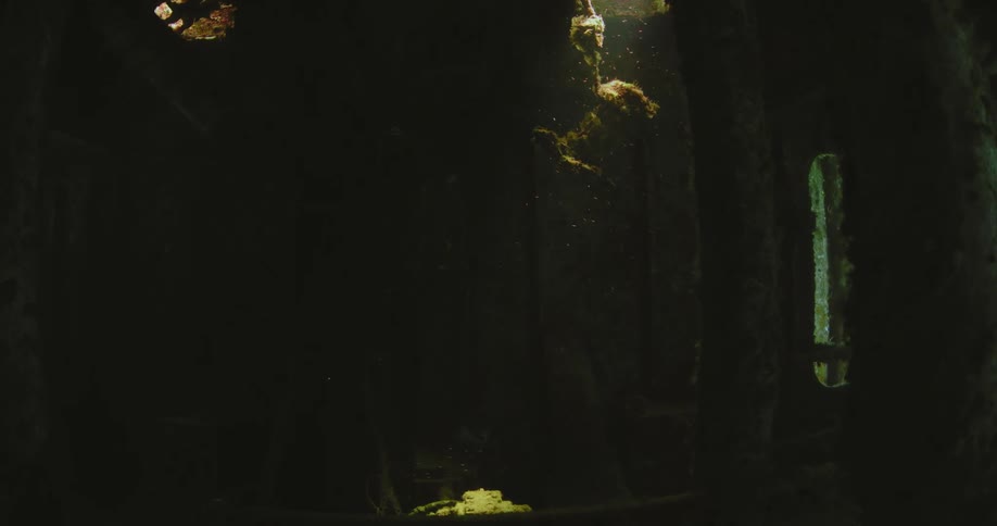 Sunlight shines through a hole into the dark interior of a shipwreck on the sea floor
