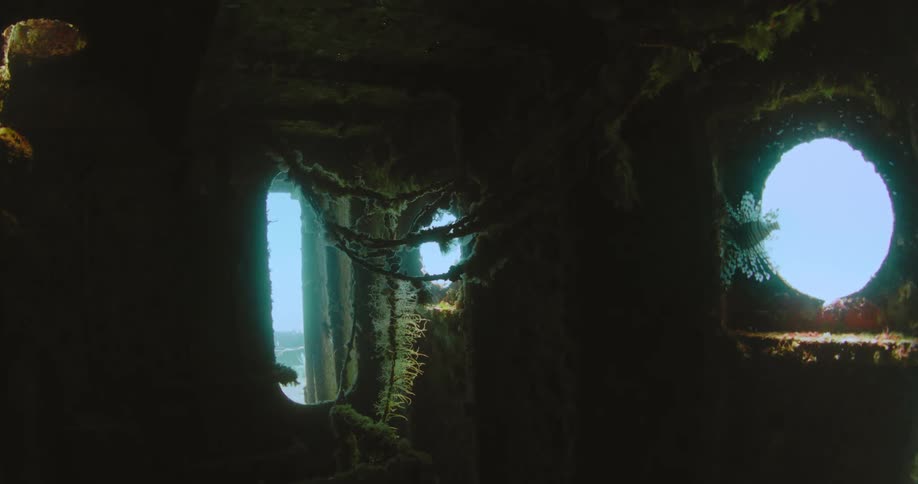 Fish swims in a moss covered sunken ship in the ocean