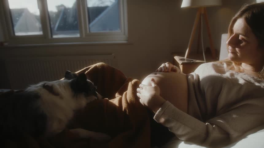 Pregnant woman lying on bed rubs her belly next to dog in bedroom