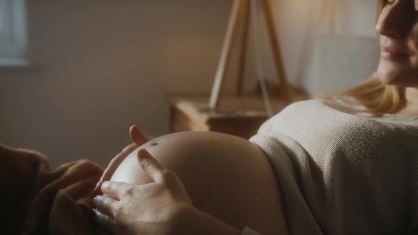 A woman rubs her prgant belly in bed