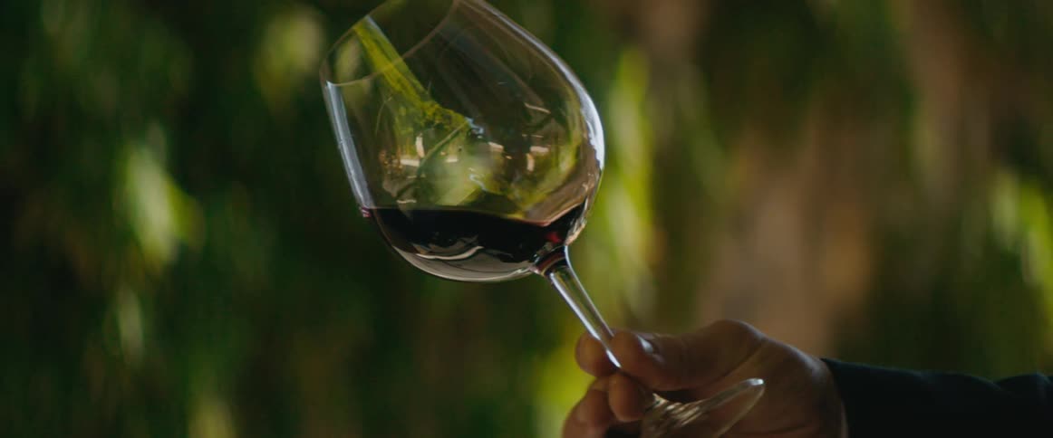 Hand of a man holding and gently spinning a glass wine