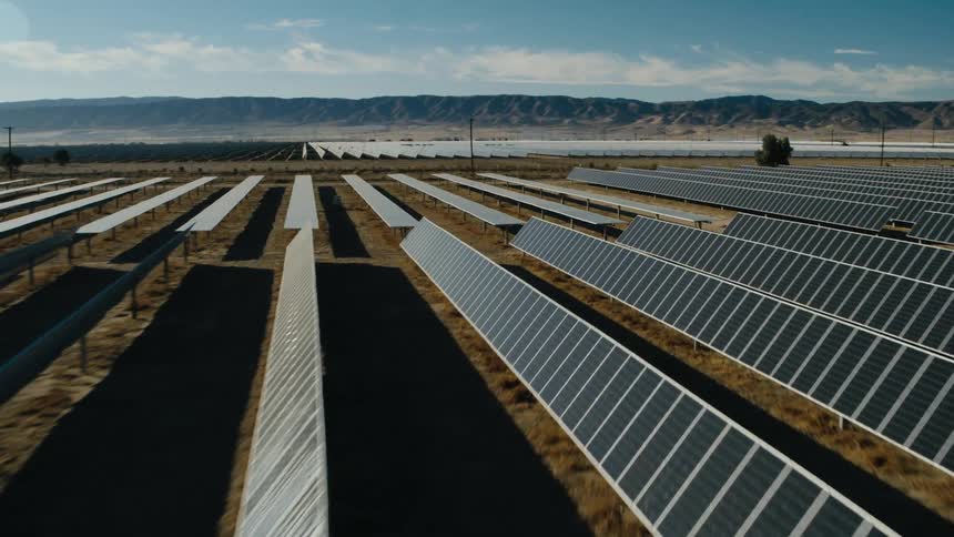 Sunlight shines on solar panels on a solar farm with mountains in the distance