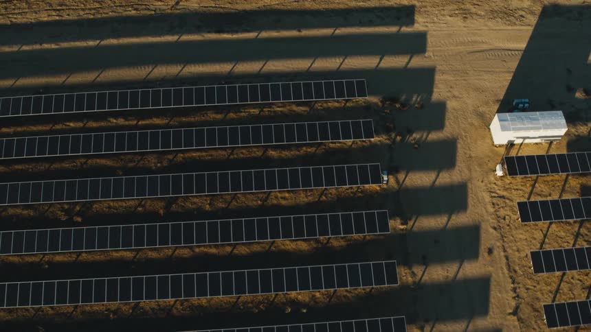 Aerial view of solar panels on a solar farm