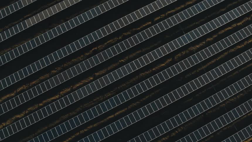 Aerial view of solar panels on a solar farm