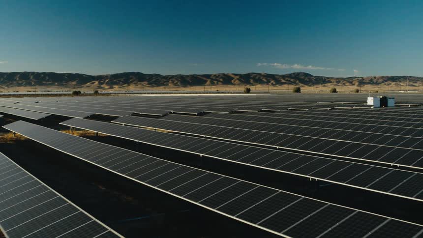 Sunlight shines on solar panels on a solar farm with mountains in the distance