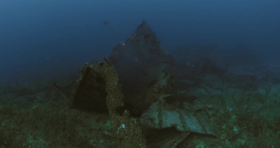 Underwater footage of a fish swimming past debris on the bottom of the ocean floor