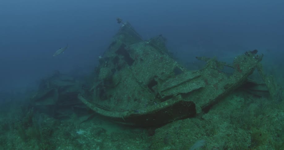 A fish swims toward wreckage on the bottom of the ocean