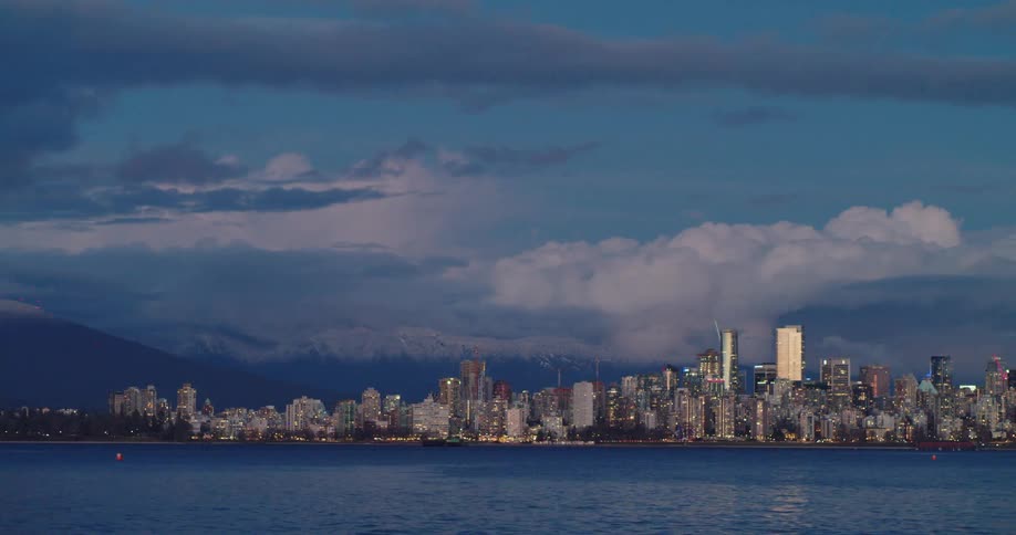 City skyline with distant skyscrapers and office buildings on the horizon at dusk