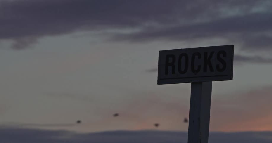 Flock of birds fly past behind beach sign warning of rocks as sun tints sky red