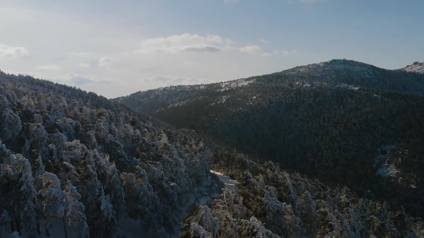 Aerial view of snowy mountain slopes with forest
