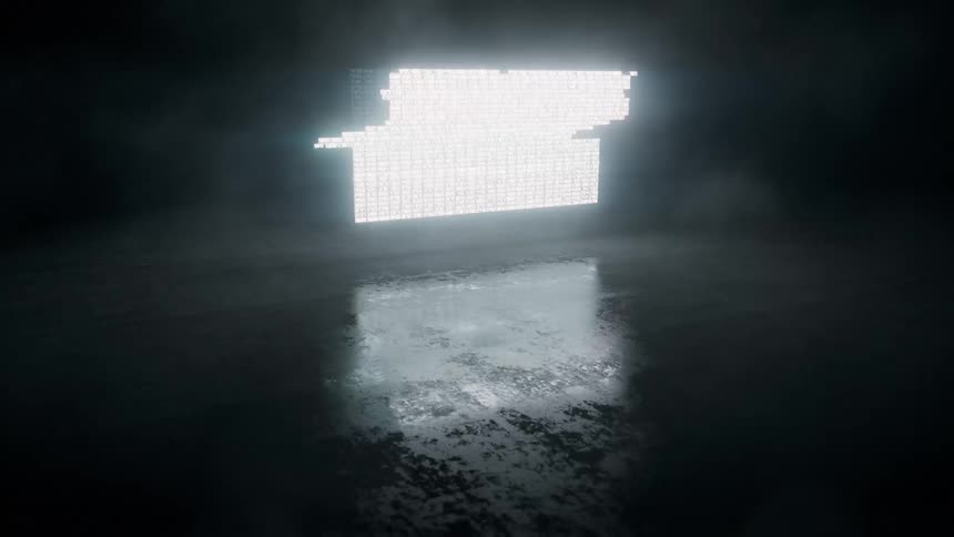 Floor of dark foggy room reflects images flickering on large screen