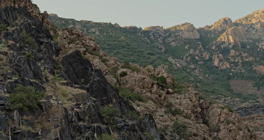 A jagged mountain slope covered in rock and vegetation during the day