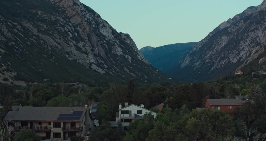 An aerial view of a village in the mountains