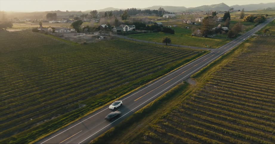 A white car traveling by crop fields on a rural road